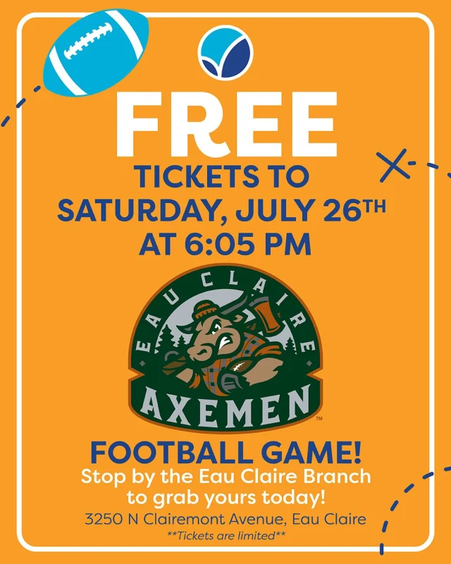 FREE @ecaxemen  tickets?! Your heard that right! Head to our Eau Claire Branch and claim yours for this Saturday's 6:05 PM game. Limited quantity, open to everyone so come grab 'em before they're gone!